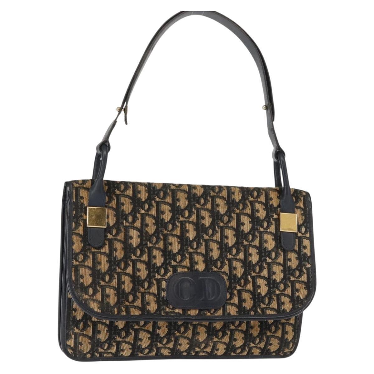 Christian Dior Trotter Canvas Shoulder Bag Navy Gold Auth Ba7312